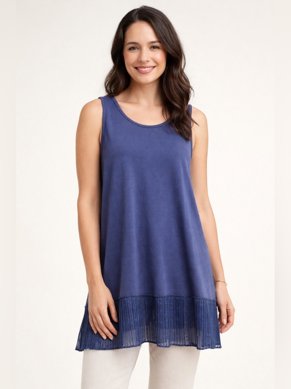 LOGO Layers Blue Tunic Tank Lace Hem Boho Modest XL Lagenlook Relaxed Fit